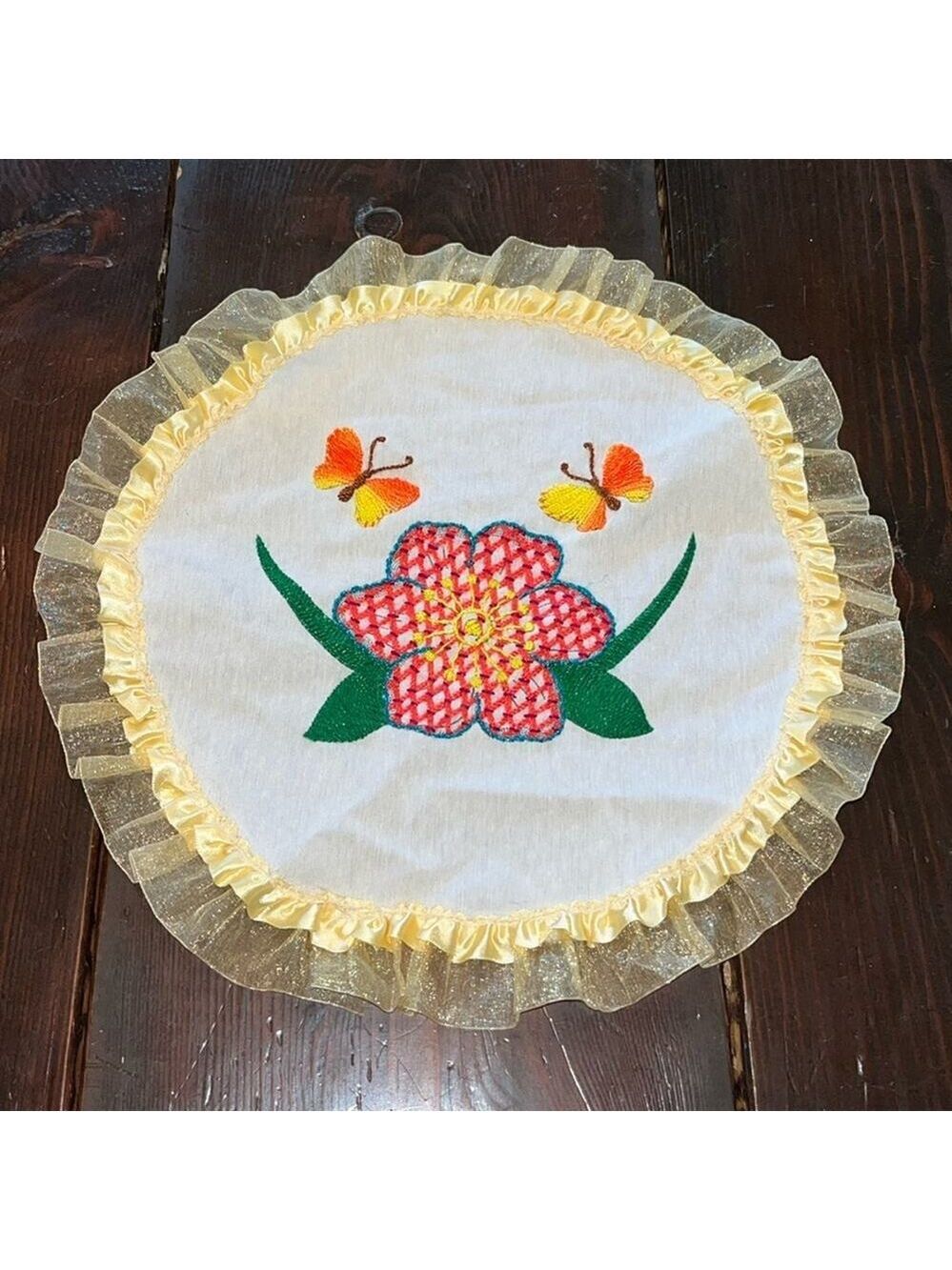 Vintage doily butterflies and flower handmade embroidered pastel table linens